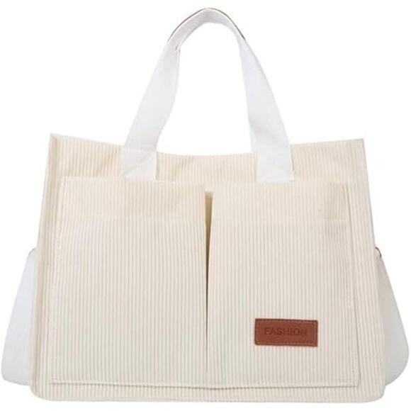 Termusail Handbags - White Cute Corduroy Tote Bag for Women Satchel Handbag Hobo w/ Pockets Tote Bag